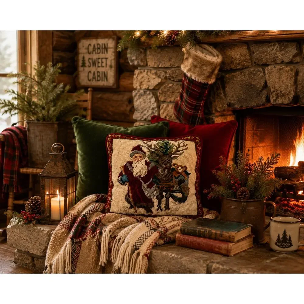 Vintage Christmas Accent Needlepoint Santa & Reindeer Pillow Red Velvet 9x9